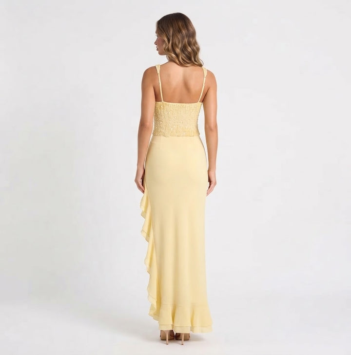 Women's Formal Maxi Dress – Beaded Bustier Ruffle Split Chiffon Skirt