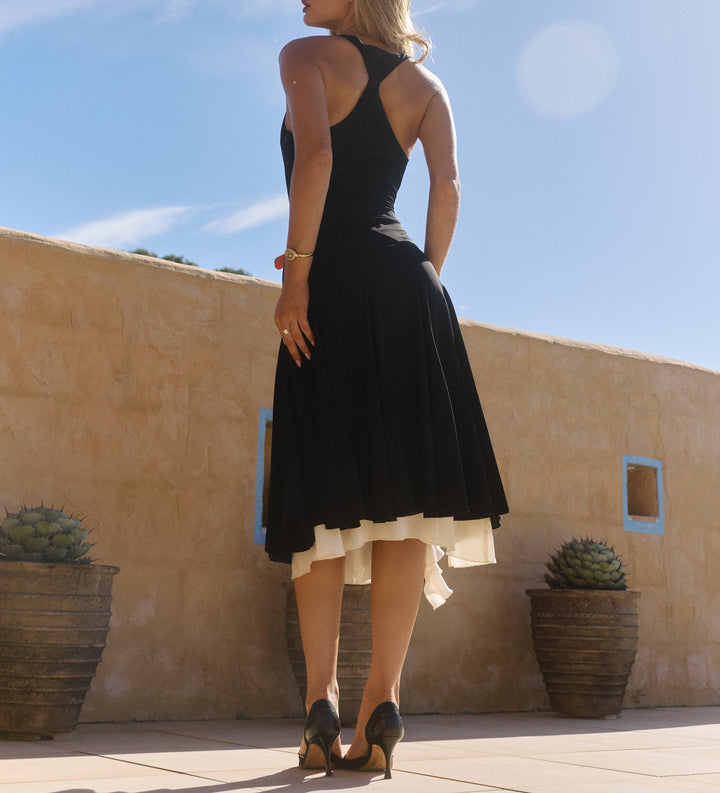 Women's Sleeveless Midi Dress Contrast Ruffle Trim Square Neck A-Line