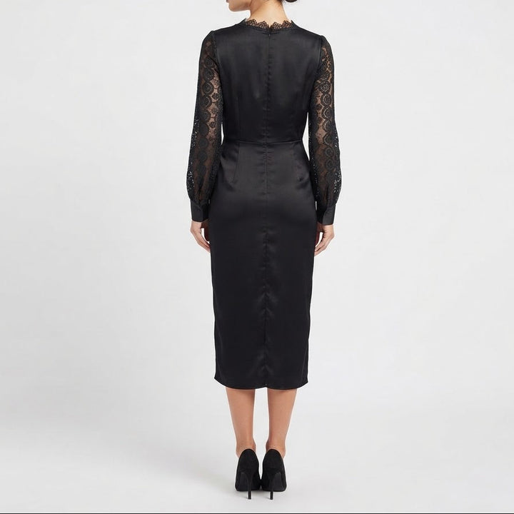 Women's Satin Lace Sleeve Draped Front Side Slit Midi Dress