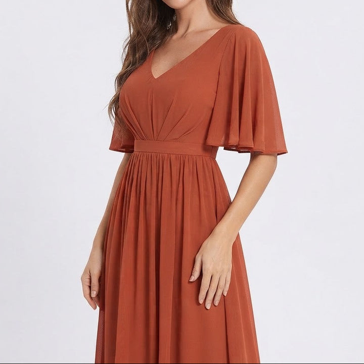 Women's Chiffon Maxi Dress V Neck Flutter Sleeve Ruched Waist Formal