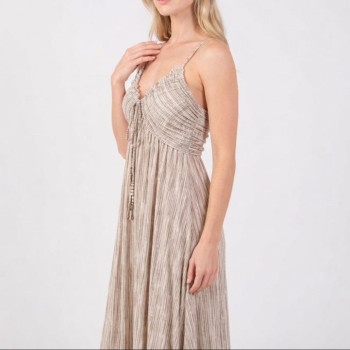 Women's Linen Maxi Dress Striped Tie Front Empire Waist Strappy