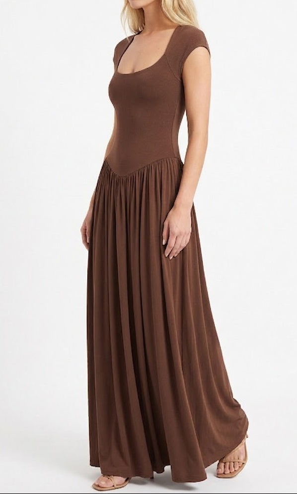 Women's Scoop Neck Cap Sleeve Fit and Flare Maxi Dress