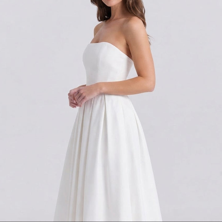 Women's Formal Midi Dress – Strapless Pleated A-Line Full Skirt
