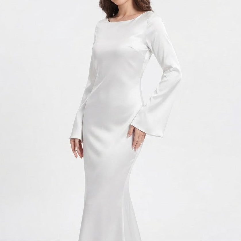 Women's Satin Maxi Dress Long Flared Sleeve Boat Neck Bodycon Slip