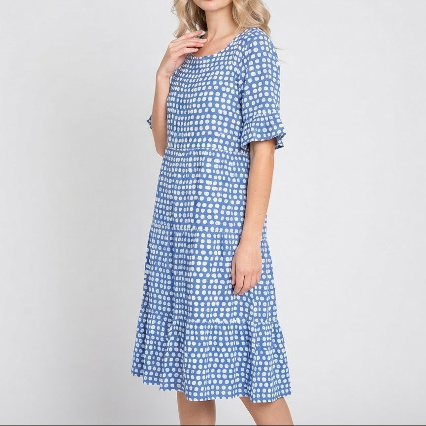 Women's Polka Dot Midi Dress Short Ruffle Sleeve Tiered Smock Shift