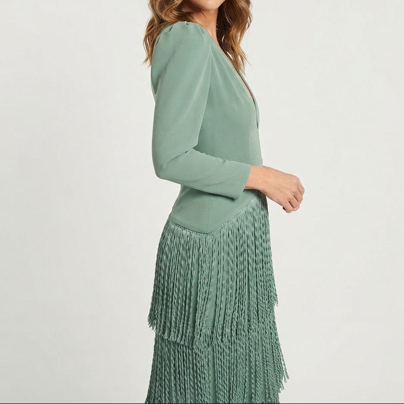 Women's Tiered Fringe Midi Dress Deep V Neck Puff Sleeve Cocktail