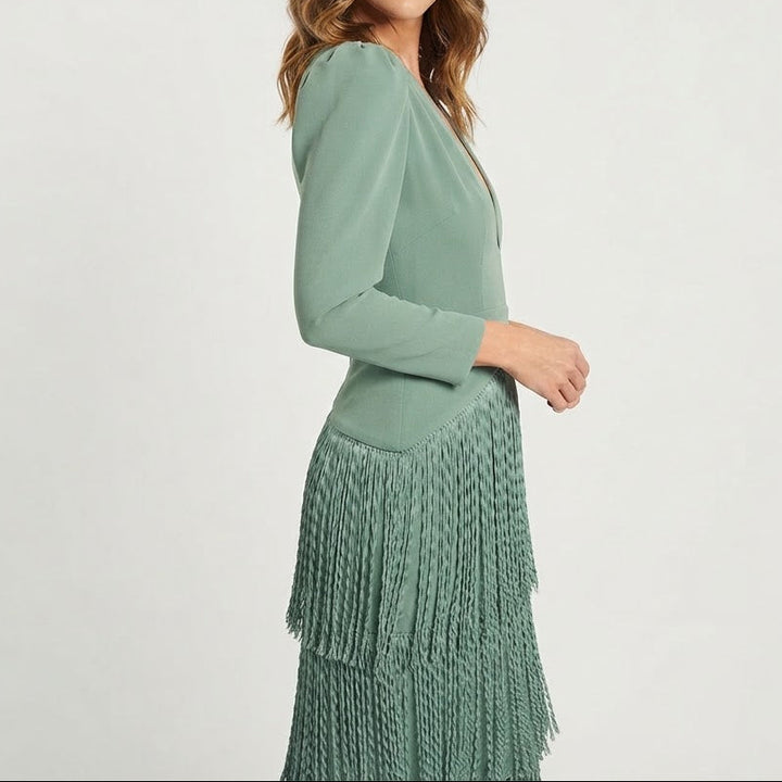 Women's Tiered Fringe Midi Dress Deep V Neck Puff Sleeve Cocktail