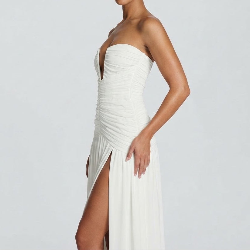 Women's Strapless Maxi Dress Ruched Bodice Thigh Split Evening