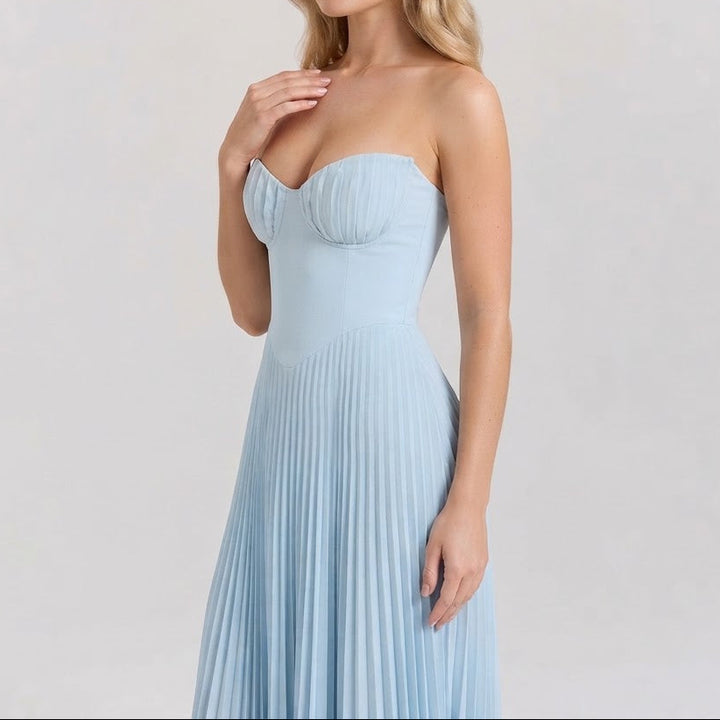 Women's Strapless Maxi Dress Bustier Bodice Pleated Skirt Formal