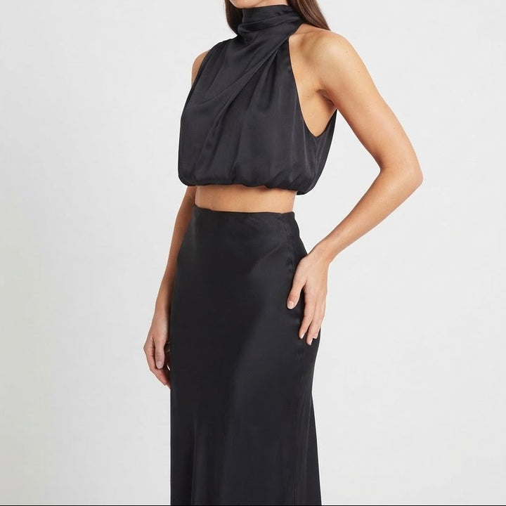 Women's Satin Two Piece Set Halter Neck Crop Top Bias Cut Maxi Skirt