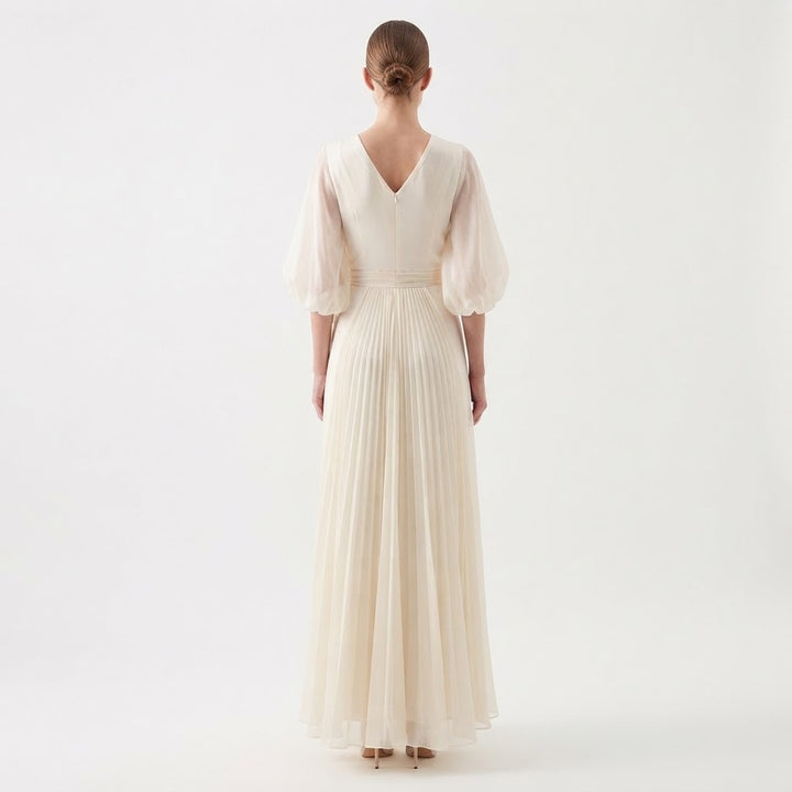 Women's Chiffon Wrap Maxi Dress Deep V Neck Puff Sleeve Formal