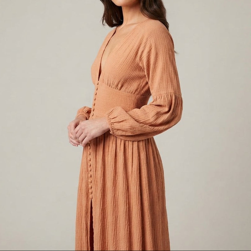 Women's Maxi Dress – Cheesecloth Button-Through Deep V Bishop Sleeve