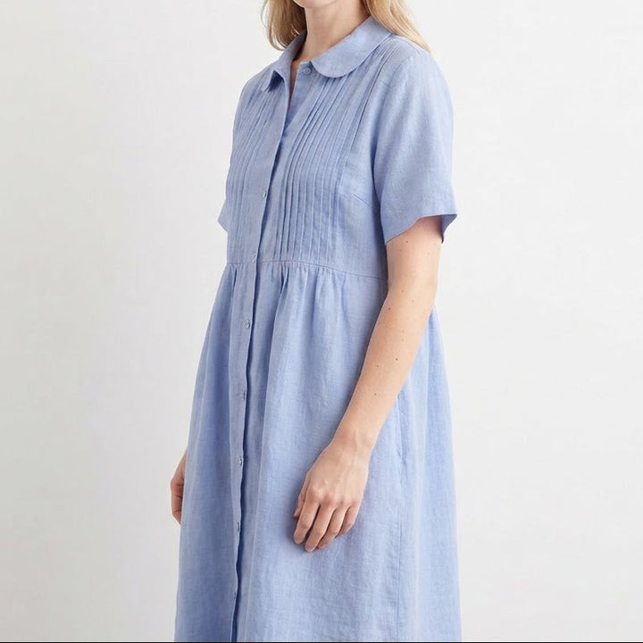 Women's Linen Shirt Dress Pintuck Button Front Short Sleeve Midi