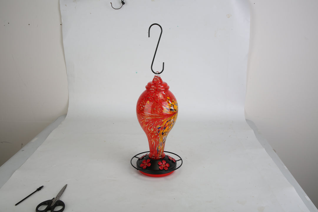 1Pc Glass Hummingbird Feeder 33OZ Hand Blown Hummingbird Feeder With 5 Flower Feeding Port Perch Ant Moat Hanging Hook S Hook Hemp Rope Cleaning Brush For Garden Decor