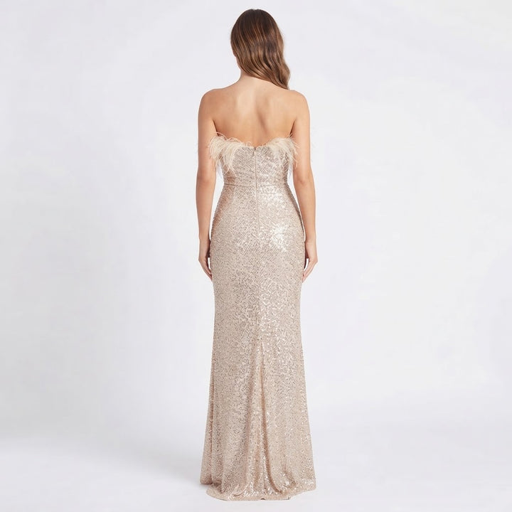 Women's Sequin Maxi Dress Feather Trim Strapless High Split Formal