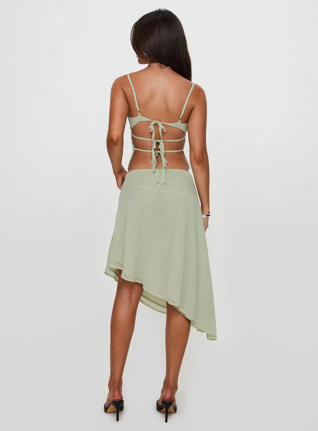 Women's Two Piece Set Beaded Cami Top Asymmetric Midi Skirt Chiffon