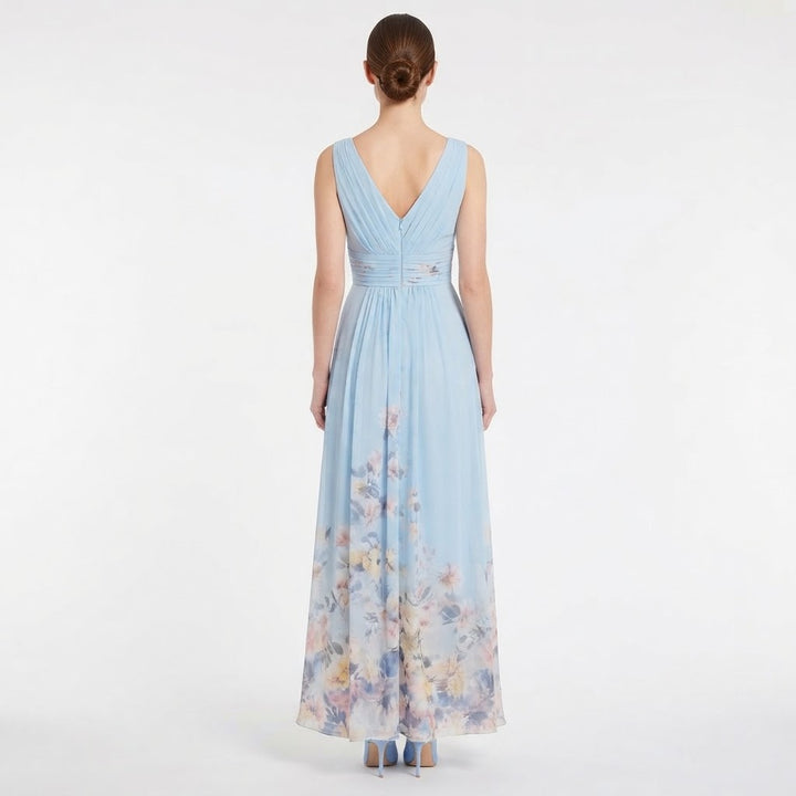 Women's Floral Maxi Dress Deep V Neck Sleeveless Chiffon Formal
