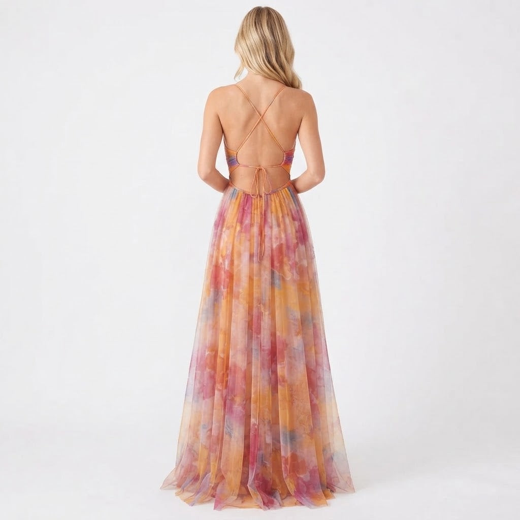 Women's Floral Tulle Maxi Dress V Neck Spaghetti Strap Formal Gown