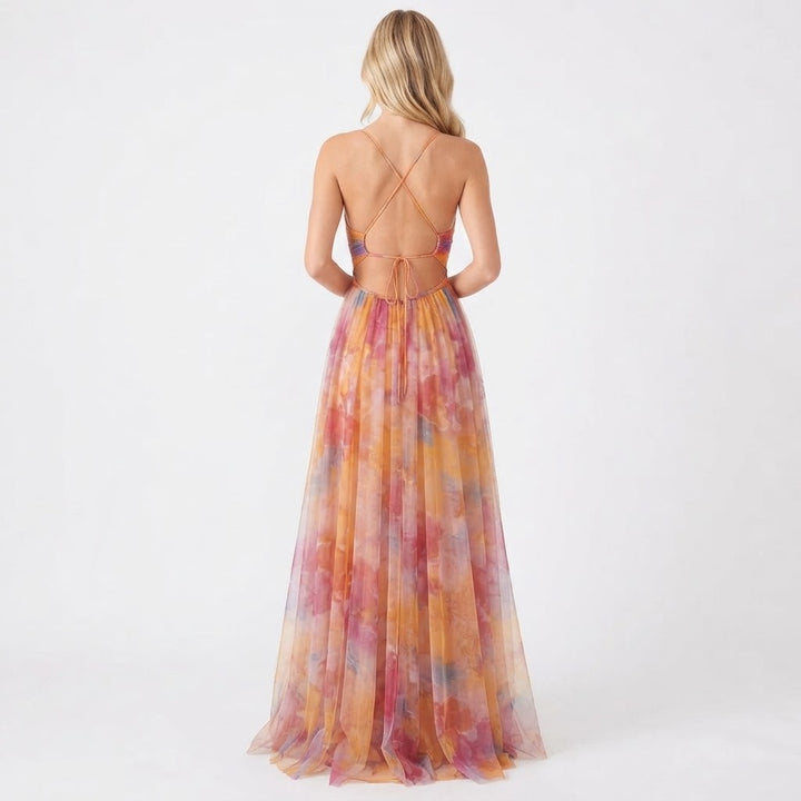 Women's Floral Tulle Maxi Dress V Neck Spaghetti Strap Formal Gown