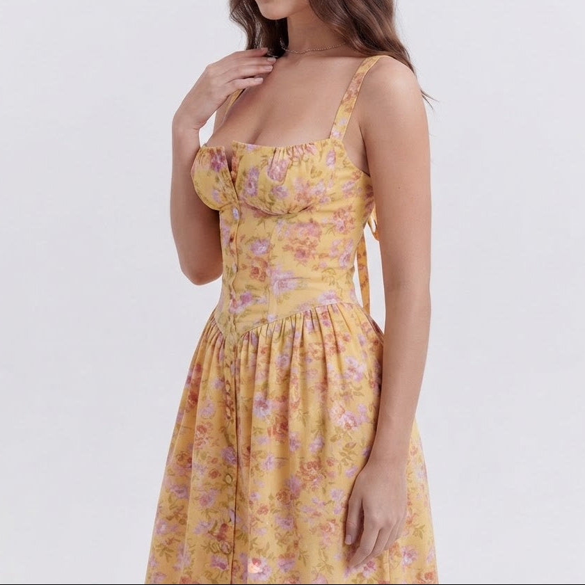 Women's Floral Midi Dress Corset Bodice Button Front Strappy Summer