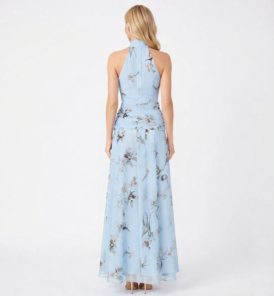 Women's Floral Maxi Dress Halter Neck Ruched Waist Chiffon Formal
