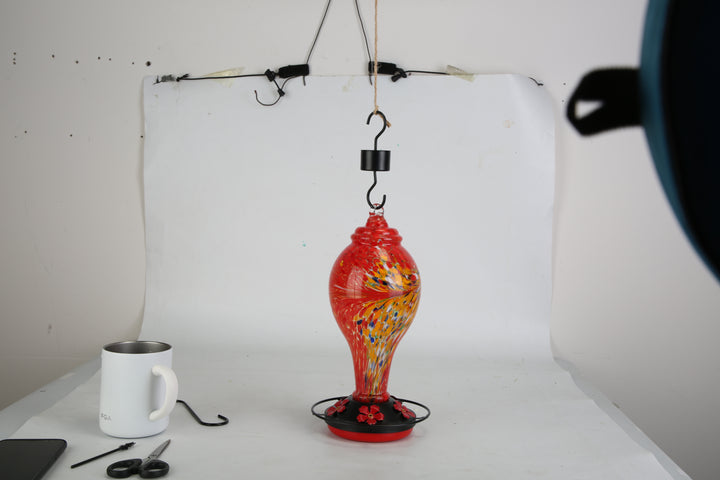 1Pc Glass Hummingbird Feeder 33OZ Hand Blown Hummingbird Feeder With 5 Flower Feeding Port Perch Ant Moat Hanging Hook S Hook Hemp Rope Cleaning Brush For Garden Decor