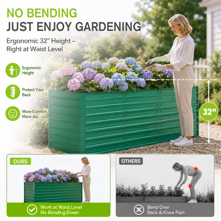 93.7in X 31.5in X 32.3in Raised Garden Bed Kit, 32in Ergonomic Height No Bending Metal Planter Box, Open-Ended Base For Drainage, 8 Reinforcing Rods, Rustproof Steel -Easy Assembly