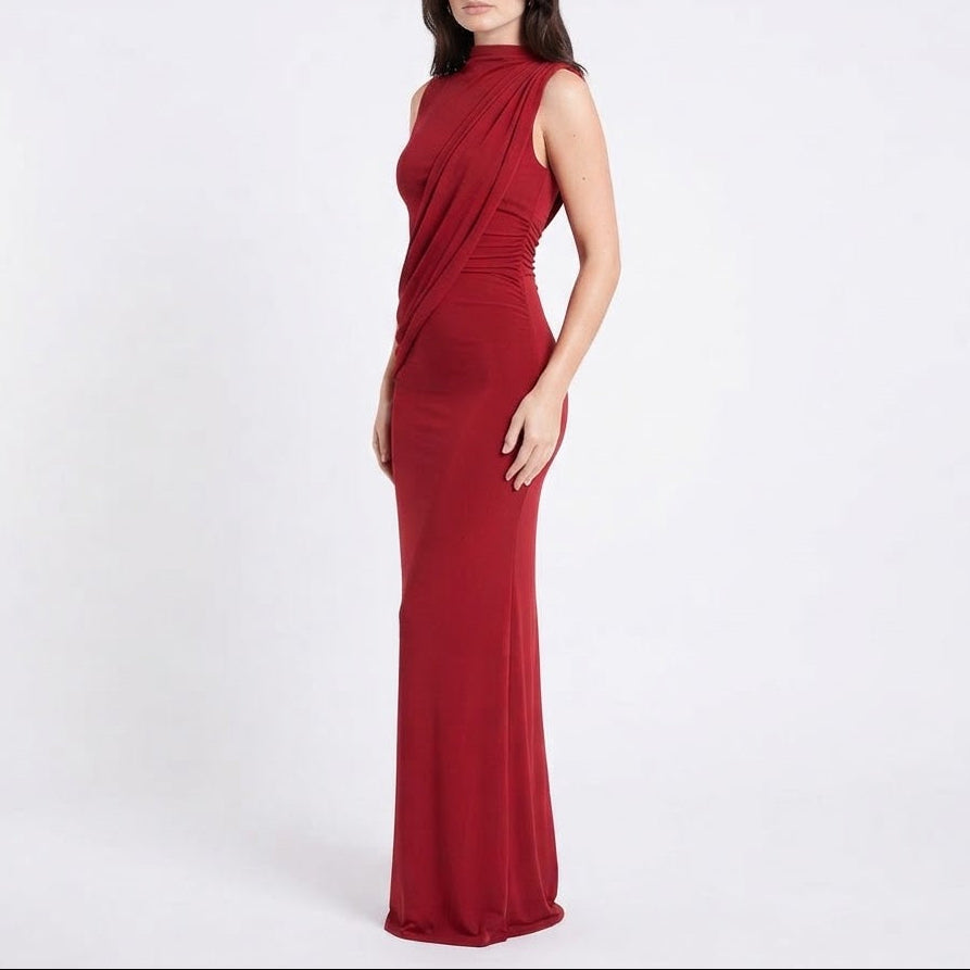 Women's Sleeveless Draped High Neck Bodycon Maxi Dress