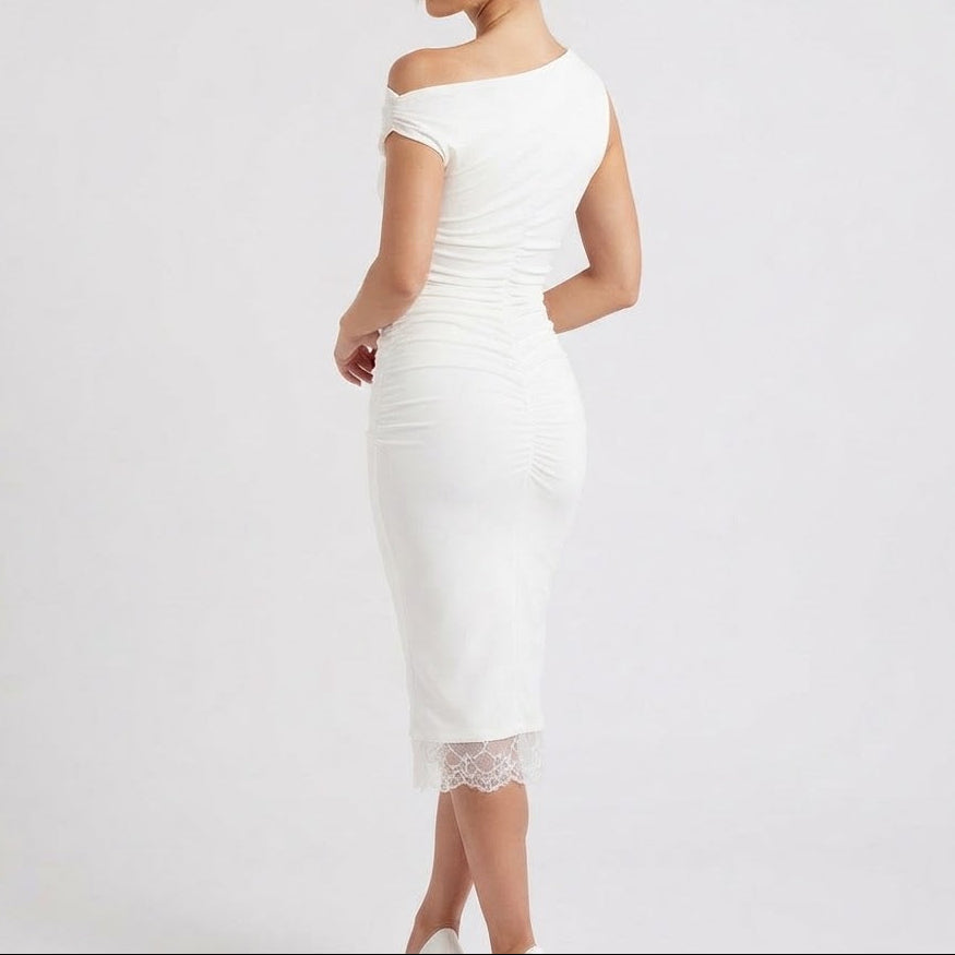 Women's One Shoulder Ruched Bodycon Midi Dress Lace Hem Sleeveless