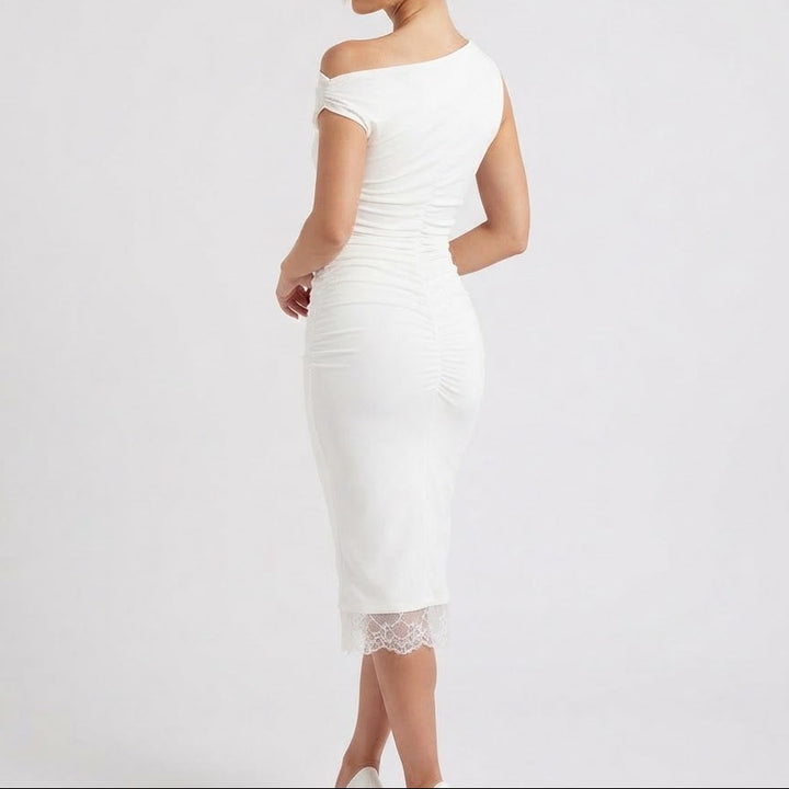 Women's One Shoulder Ruched Bodycon Midi Dress Lace Hem Sleeveless