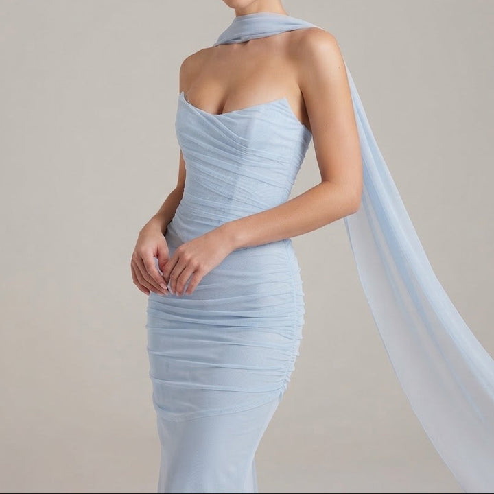 Women's Mesh Ruched Bodycon Maxi Dress Scarf Neck Sweetheart Formal
