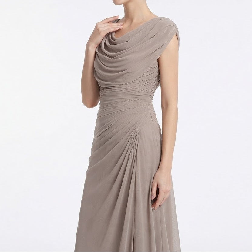 Women's Cowl Neck Maxi Dress Cap Sleeve Ruched Waist Formal Gown