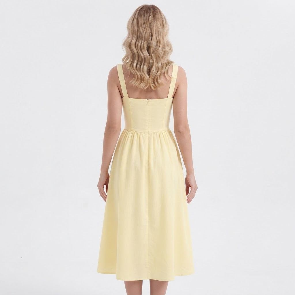 Women's Corset Midi Dress Square Neck Button Front A Line Sundress