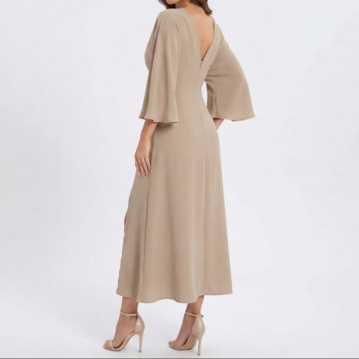 Women's V Neck Flare Sleeve Midi Dress Side Split A-Line Smart Casual