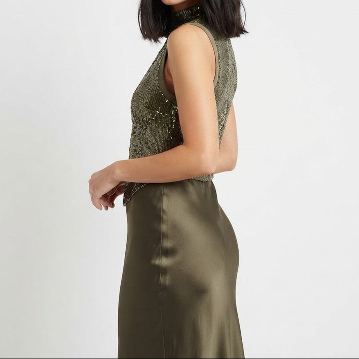 Women's Sequin Bodice Top Satin Maxi Skirt Co-Ord Set Evening Occasion