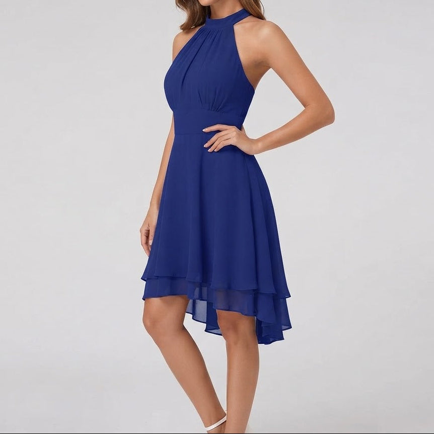 Women's Halter Neck Chiffon Dress High Low Hem Cocktail Party