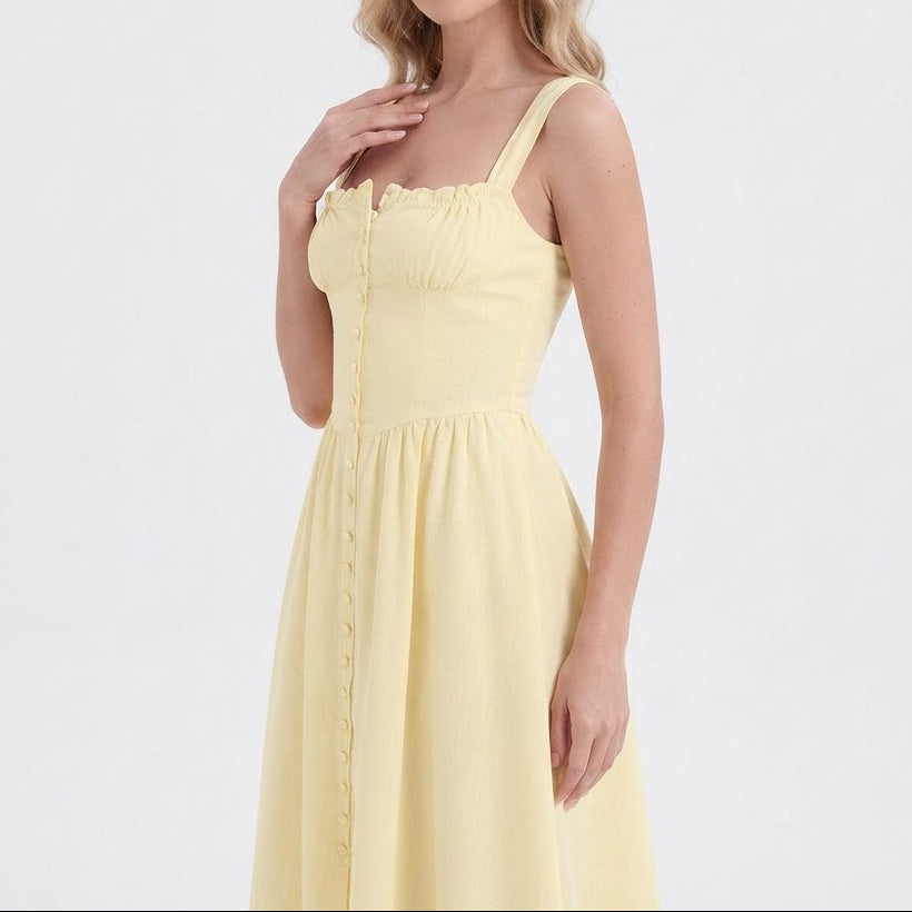 Women's Corset Midi Dress Square Neck Button Front A Line Sundress