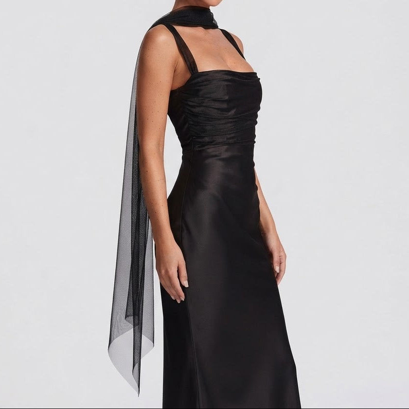 Women's Satin Maxi Dress Square Neck Ruched Bodice Scarf Formal