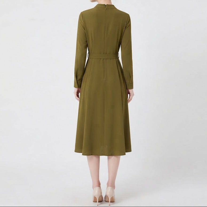 Women's Shirt Dress – Belted A-Line Midi Gold Hardware Pockets