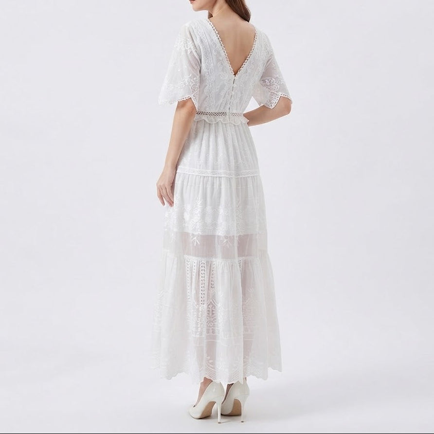 Women's Lace Embroidered Boho Maxi Dress V Neck Tiered Flowy