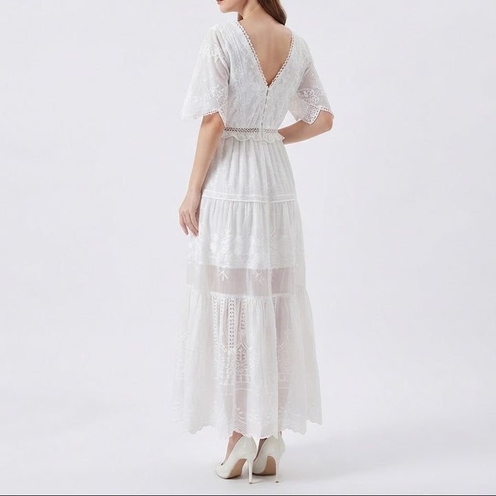 Women's Lace Embroidered Boho Maxi Dress V Neck Tiered Flowy
