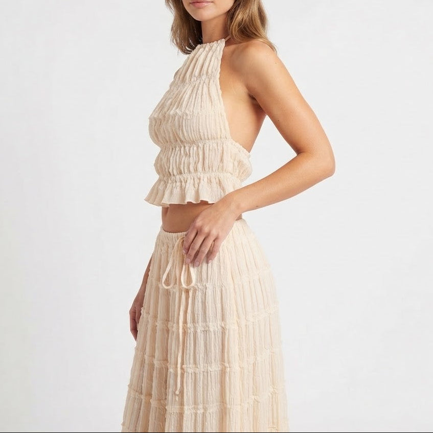 Women's Two Piece Set Halter Crop Top Tiered Ruffle Maxi Skirt