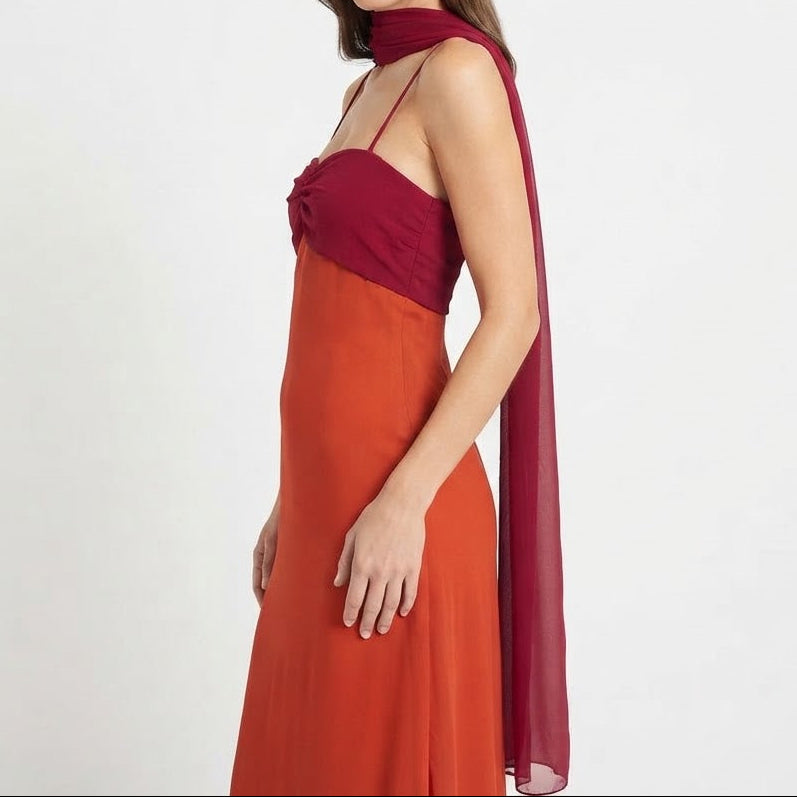 Women's Colour Block Chiffon Maxi Dress Scarf Tie Neck Twist Bodice