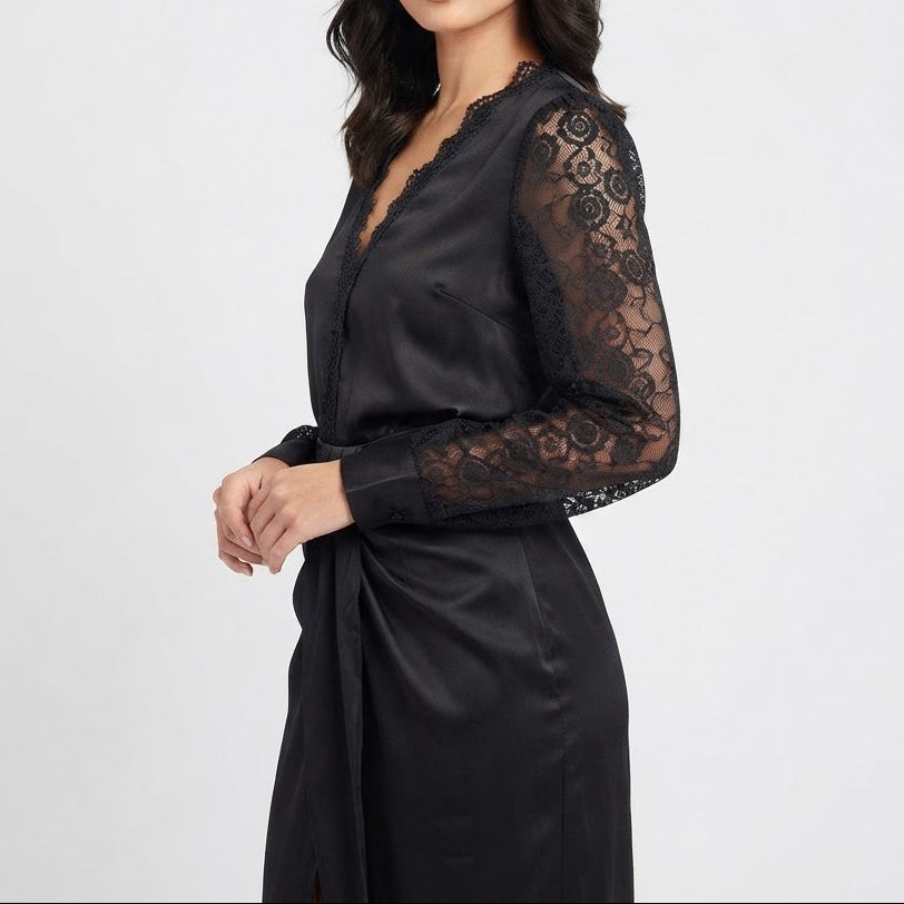 Women's Satin Lace Sleeve Draped Front Side Slit Midi Dress