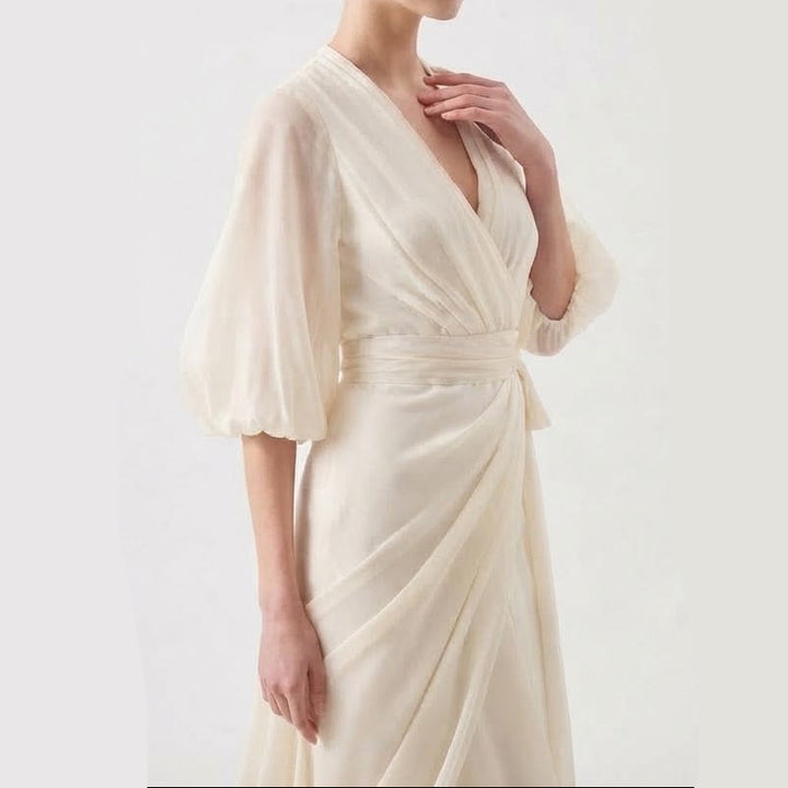 Women's Chiffon Wrap Maxi Dress Deep V Neck Puff Sleeve Formal
