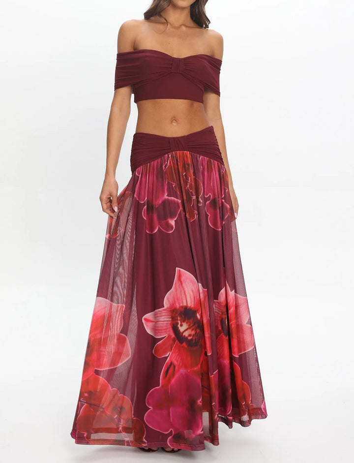 Women's Off-Shoulder Crop Top and Floral Print Maxi Skirt Set