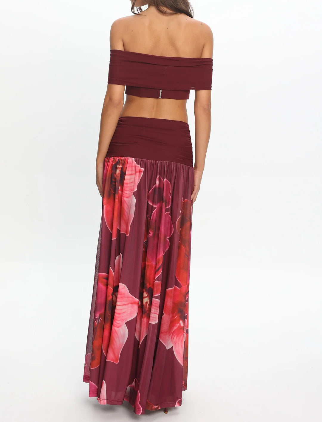 Women's Off-Shoulder Crop Top and Floral Print Maxi Skirt Set