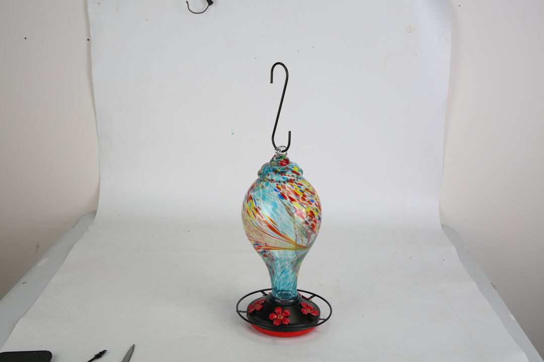 1Pc Glass Hummingbird Feeder 33OZ Hand Blown Hummingbird Feeder With 5 Flower Feeding Port Perch Ant Moat Hanging Hook S Hook Hemp Rope Cleaning Brush For Garden Decor