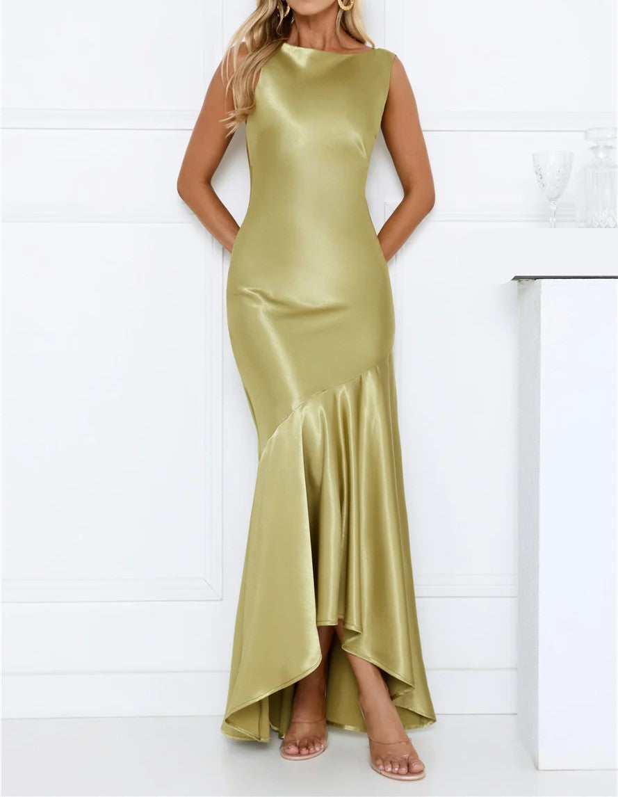 Women's Sleeveless Satin Maxi Dress Boat Neck Asymmetric Hem Gown