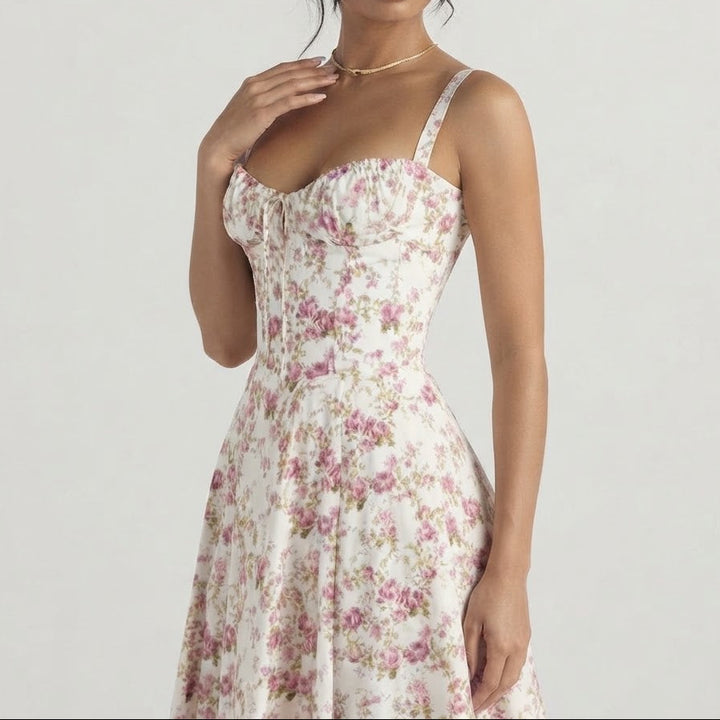 Women's Floral Midi Dress Bustier Corset Bodice Sweetheart Summer